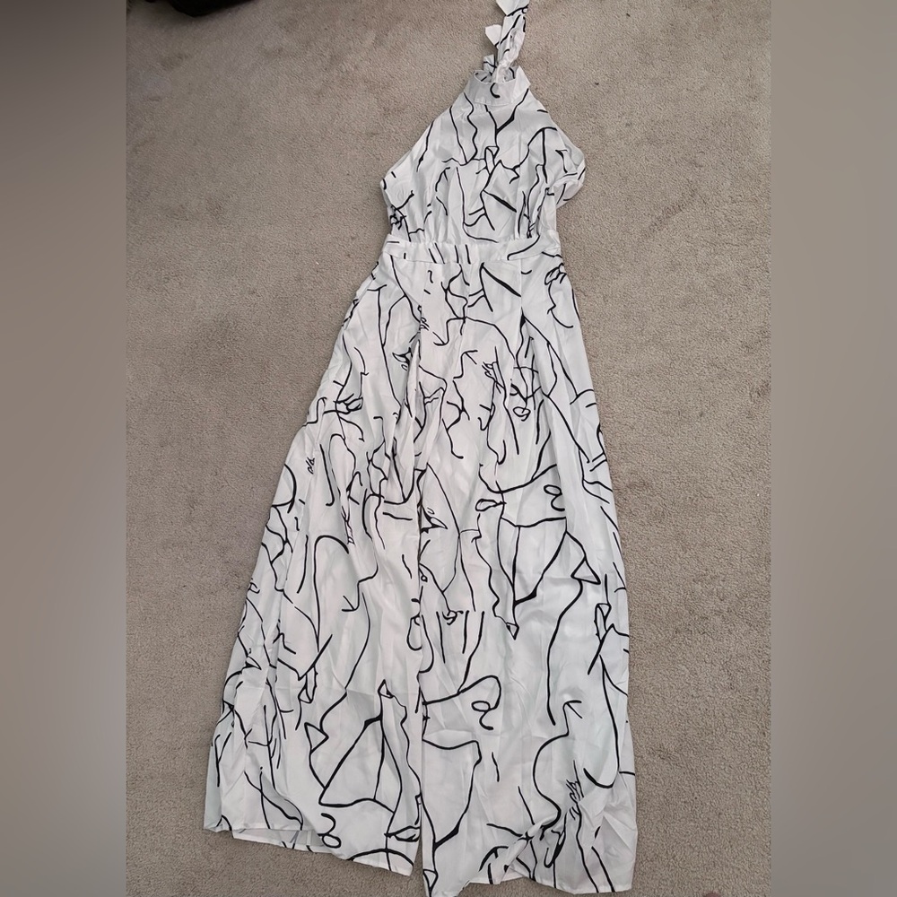 Elegant White and Black Abstract Maxi Dress